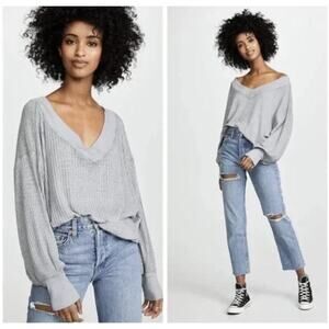 We The Free Waffle Knit Sweater Womens Medium Gray Off Shoulder Slouchy Top